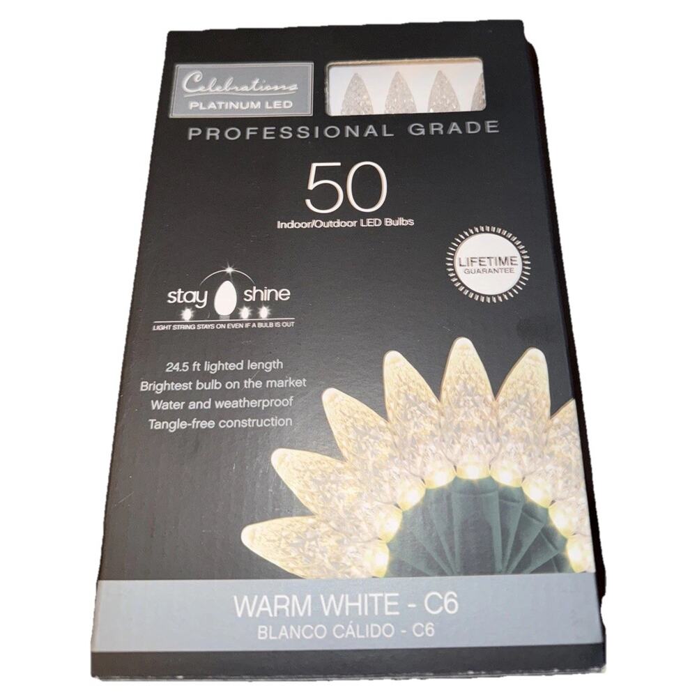 Celebrations Platinum LED C6 LIGHTS 50CT Warm White Christmas Wedding New NIB